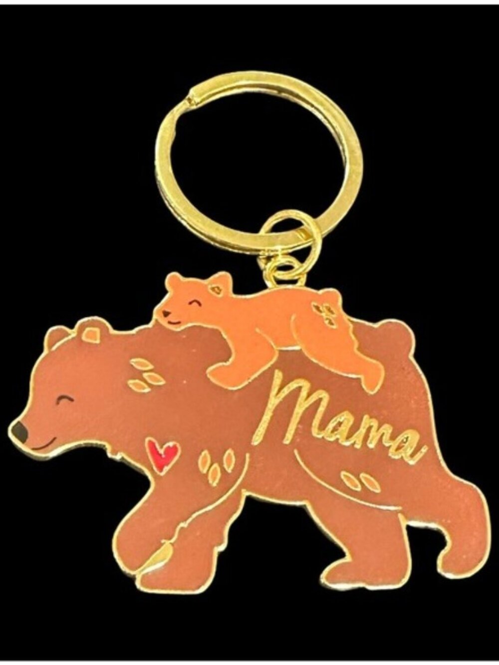 Mama Bear Gold Tone Enamel Keychain With Baby Bear Double-Sided Brown Gold Accen